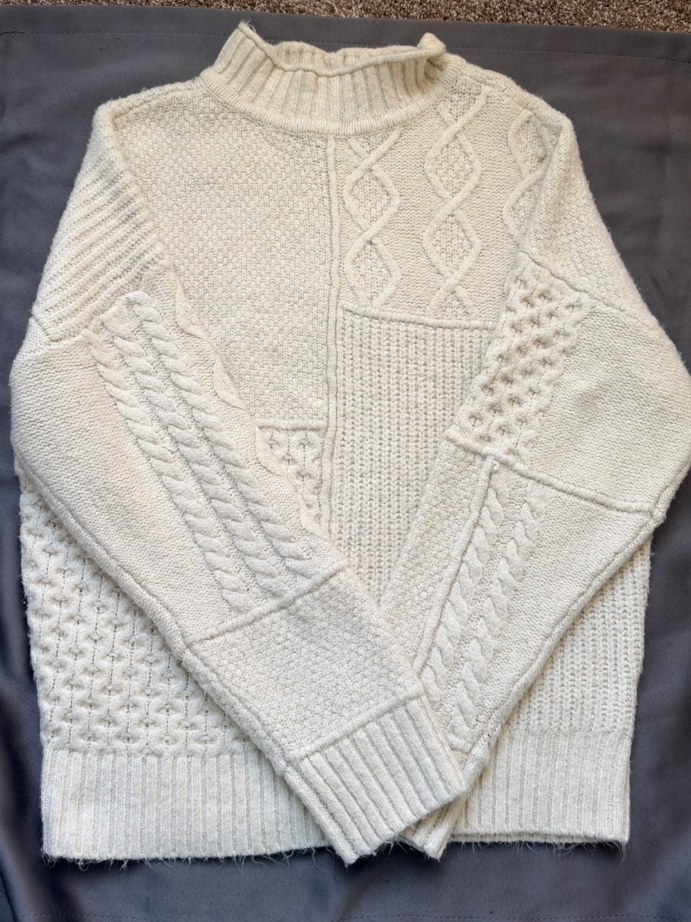 American Eagle Outfitters Cream Cable-Knit Patchwork Crewneck Sweater